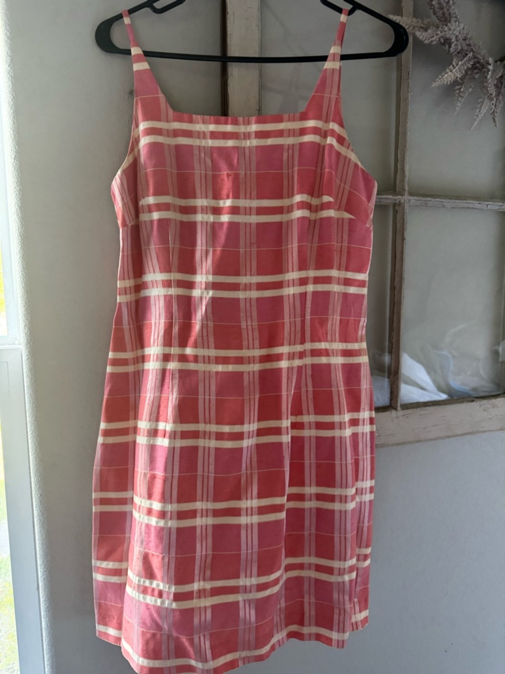 Pink Plaid Spaghetti Strap Mini Dress with Cream Stripes